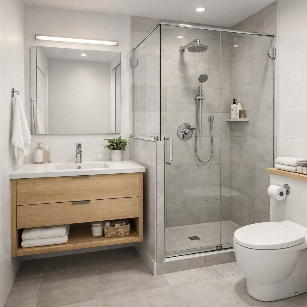 "A modern, small bathroom renovation, realistic interior design, bright and airy, space-saving layout, sleek tiles, floating vanity with storage, glass shower enclosure, minimalistic fixtures, soft natural lighting, contemporary color palette of white, gray, and light wood, neatly organized, high-quality photorealistic rendering, ultra-detailed, realistic reflections and textures, cozy and inviting atmosphere"