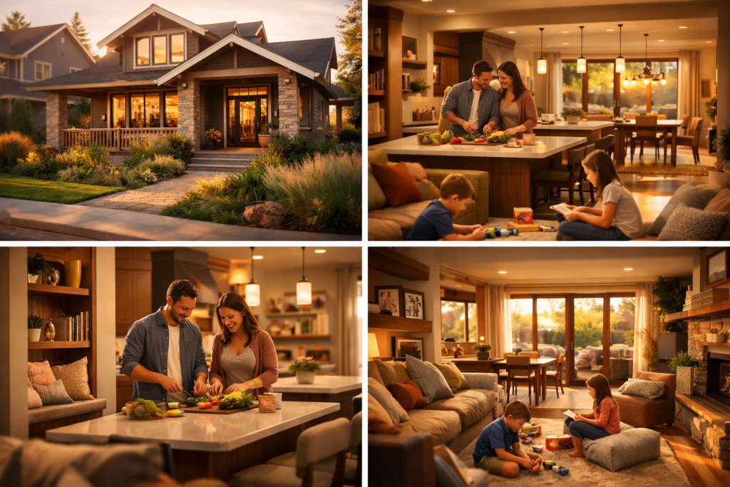 “A warm, cinematic exterior-to-interior transition of a modern custom-built family home designed for comfort and connection. The scene begins with a sunlit suburban neighborhood featuring a beautifully crafted contemporary house with a welcoming front porch, large glass windows, and landscaped greenery. The camera slowly moves inside to reveal an open-concept living space designed for a family lifestyle—bright natural light streaming through tall windows, a spacious kitchen with a central island where parents are preparing food together, children playing in a cozy living room area with soft furniture and warm textures. Subtle design details emphasize family-focused living: built-in reading nook, a shared dining space with elegant yet homely decor, and personalized design touches like family photos and warm wood finishes. The mood is peaceful, aspirational, and emotionally uplifting, with golden hour lighting, ultra-realistic rendering, shallow depth of field, and smooth cinematic camera movement highlighting comfort, togetherness, and modern custom home design.”